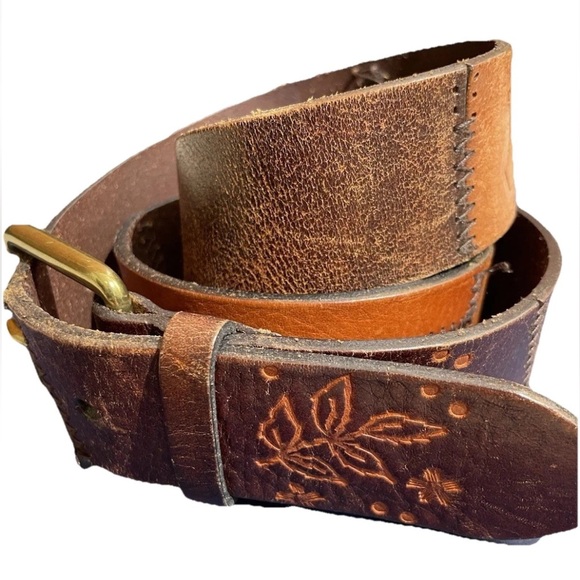 Amanda Smith Vintage Ladies Leather Patchwork Tooled Etched Belt M 29”-33” Brass - Picture 4 of 16